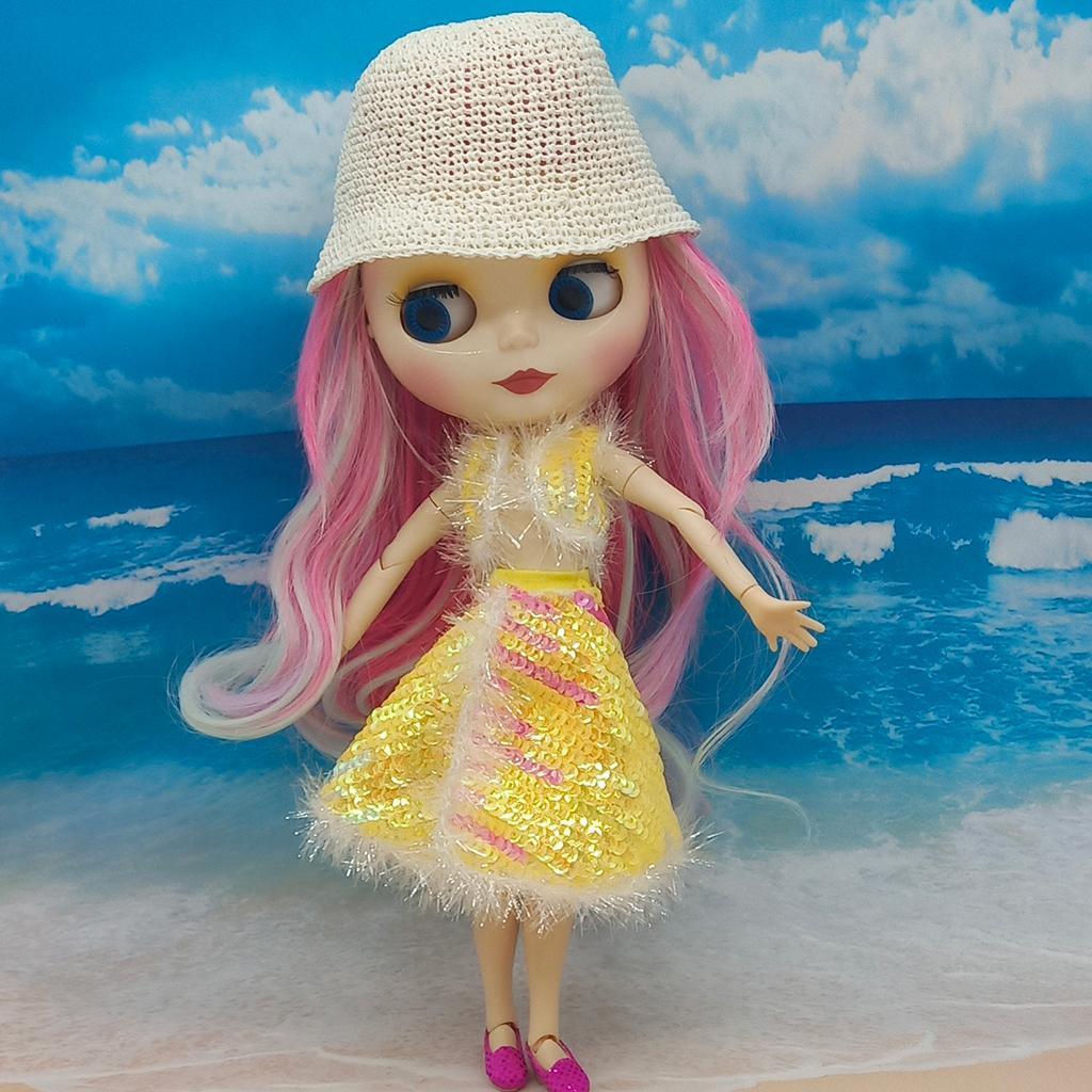 Fashion Doll Dress Top Jumpsuit Hat Set for Blythe Dolls Dress up 12inch Doll Accessory