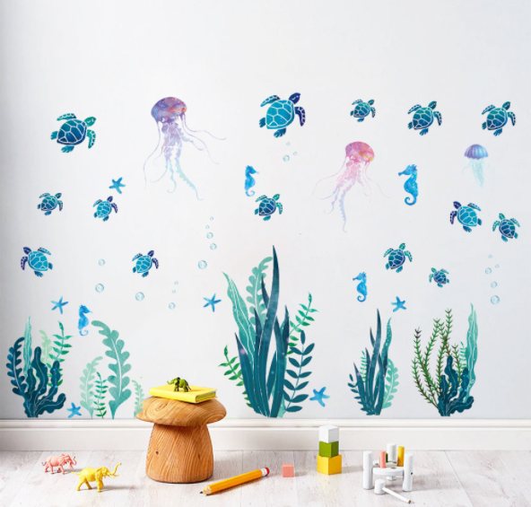 Decal trang trí tường - Rùa xanh , Bạch Tuộc , Và Cá