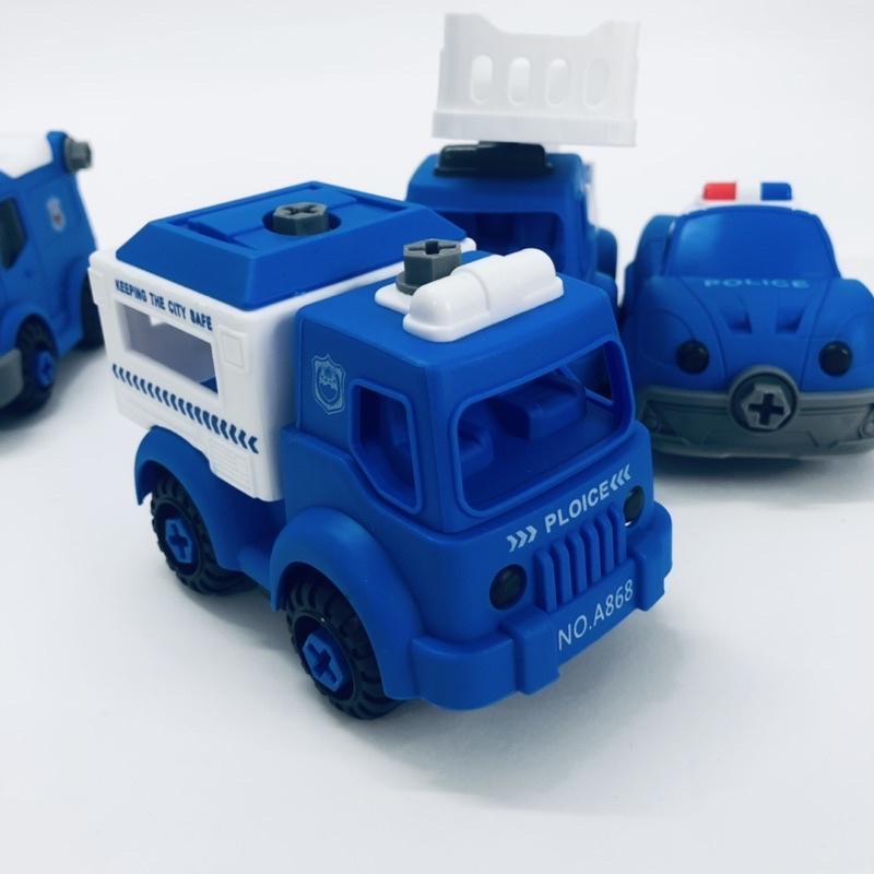 Xe ô tô cảnh sát, cứu thương, cứu hộ, combo 4 xe kèm cờ lê tua vít lắp ráp