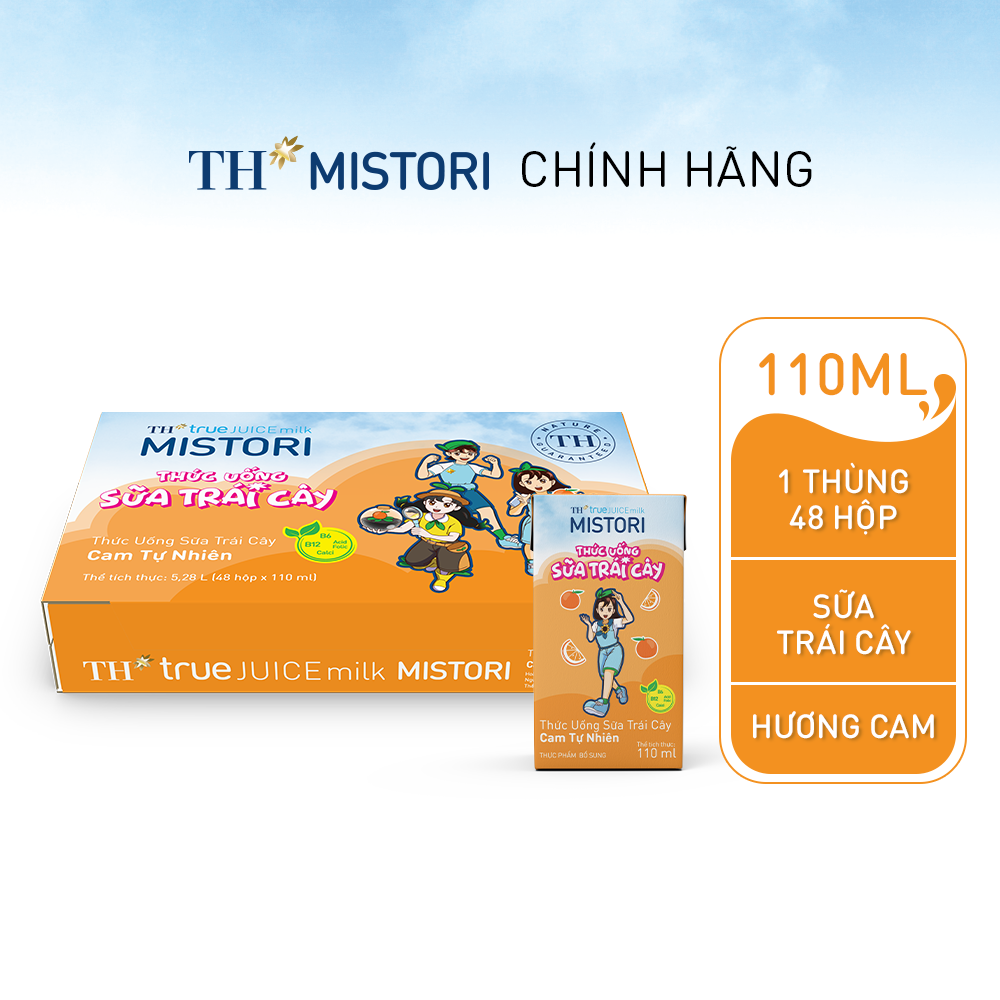 Thùng 48 hộp thức uống Sữa trái cây Cam tự nhiên TH true JUICE milk MISTORI 110ml x 48 hộp