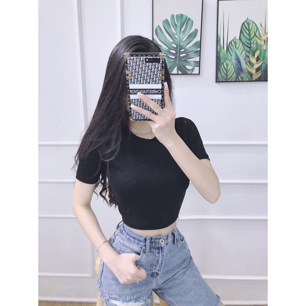 Áo Croptop Ôm Cổ Tròn Tay Ngắn Nhiều Màu