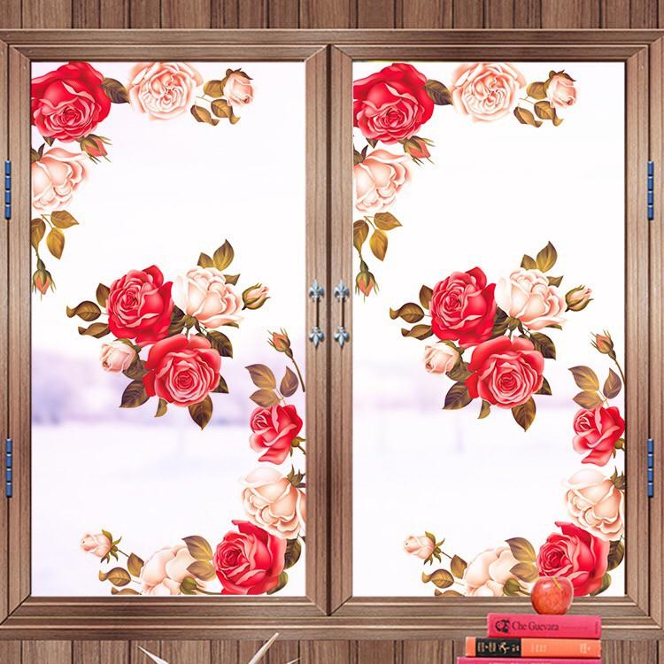 Decal dán kính cao cấp - Hoa Hồng Mẫu đơn đỏ hồng
