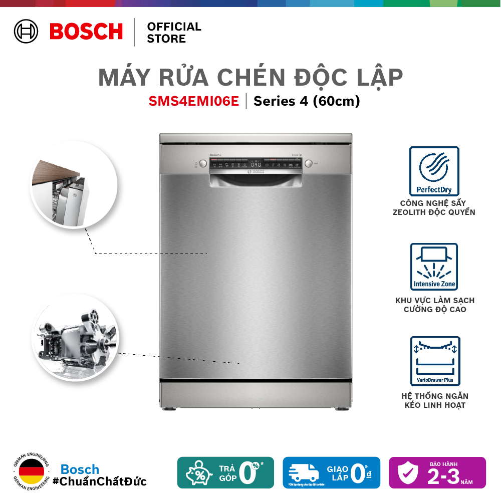 Máy rửa chén bát độc lập Bosch 14 bộ SMS4EMI06E - Series 4 - Hàng chính hãng