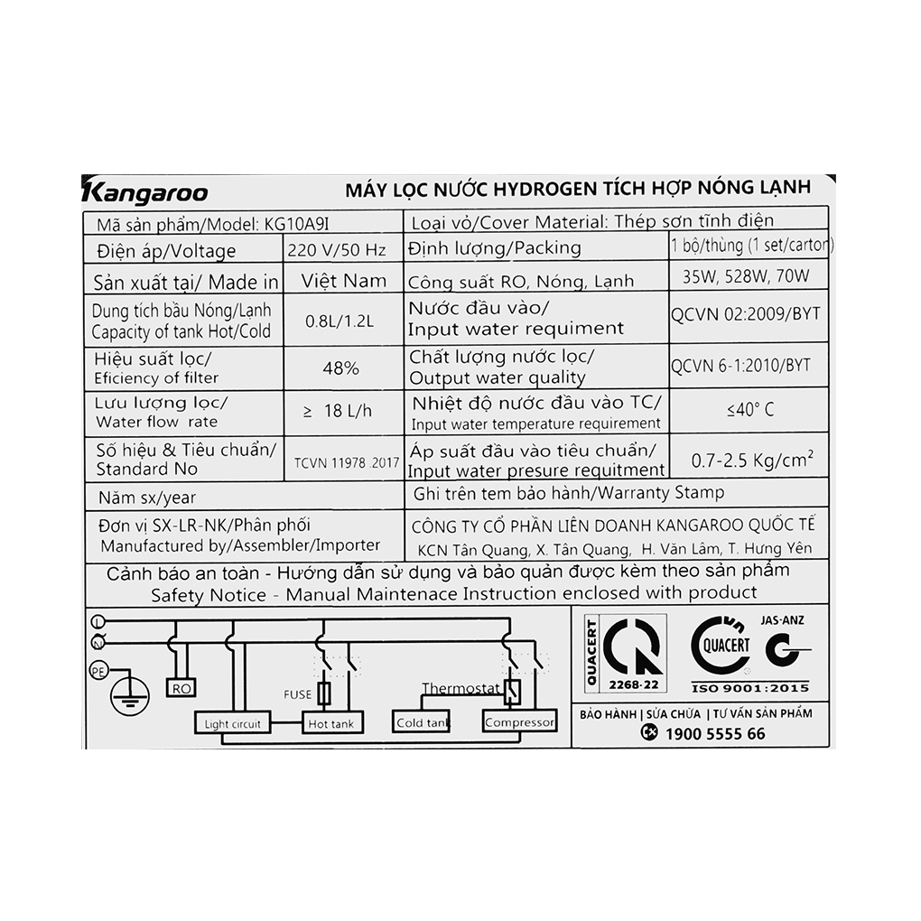 Máy lọc nước Kangaroo Hydrogen nóng lạnh Infinity KG10A9I - Hàng chính hãng