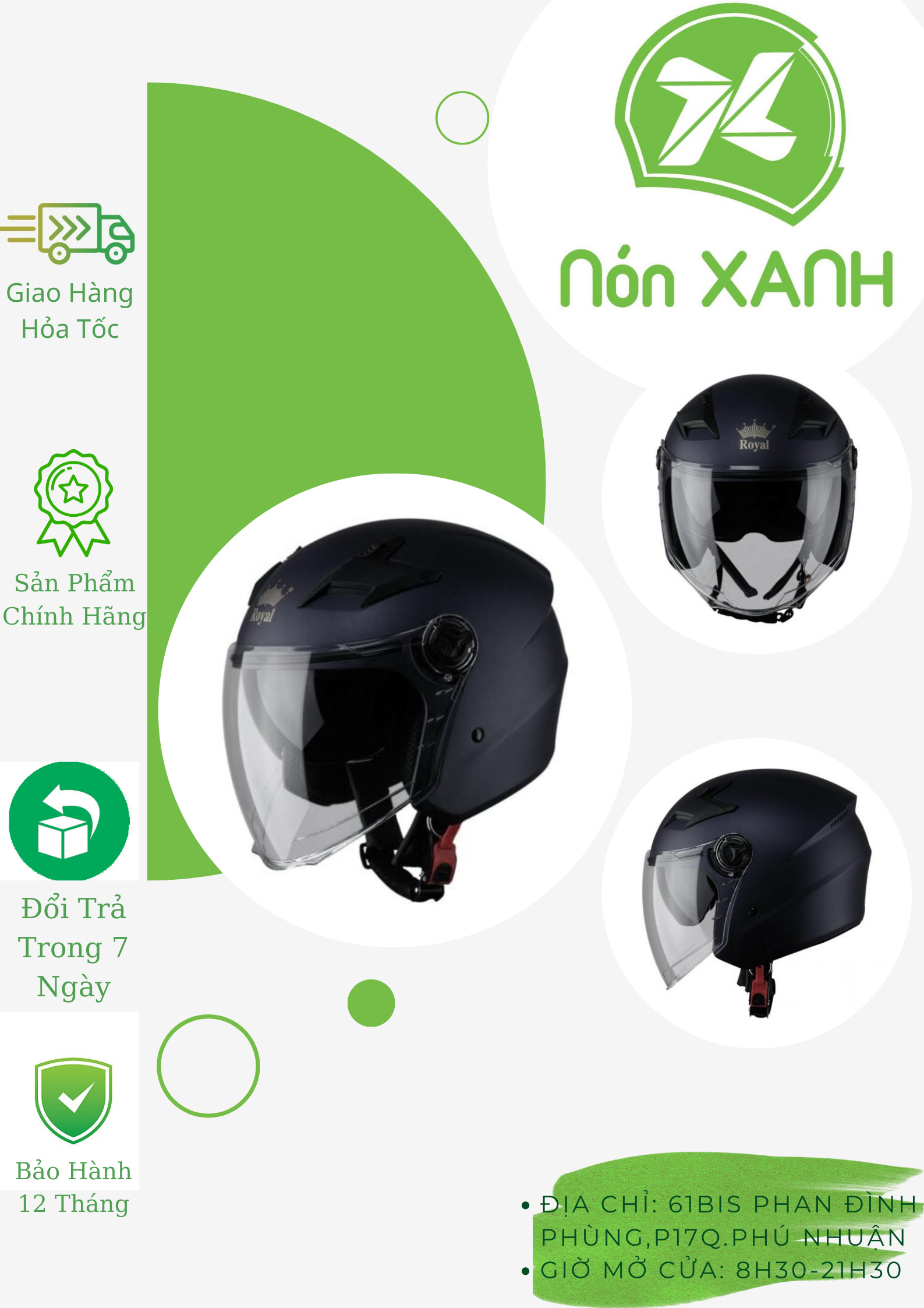 Mũ 3/4 Royal M268 2 Kính Đen Nhám