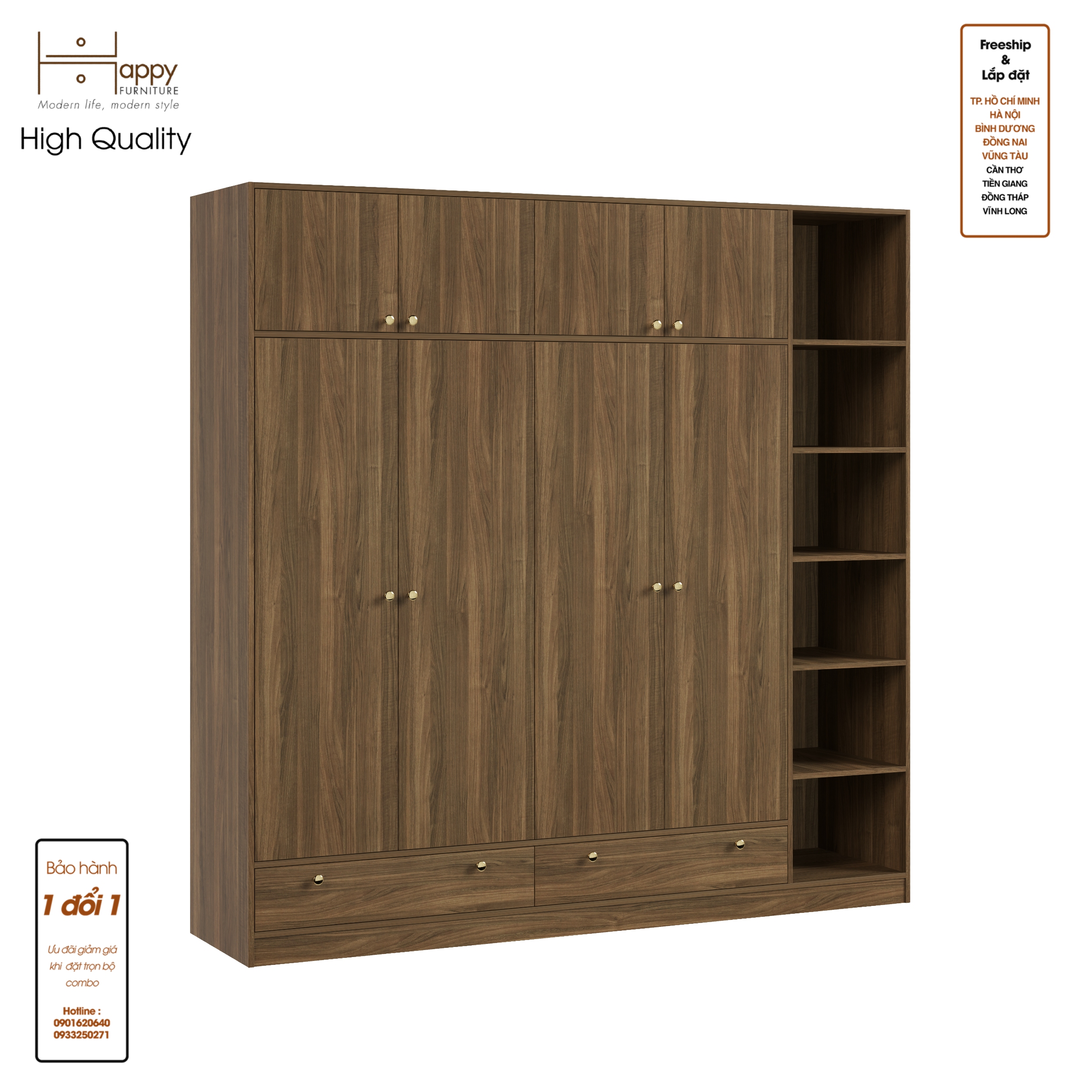 [Happy Home Furniture] ELEGANT, Tủ quần áo 4 cửa mở 2m2x2m2 , 220cm x 54cm x 220cm ( DxRxC), TCM_045