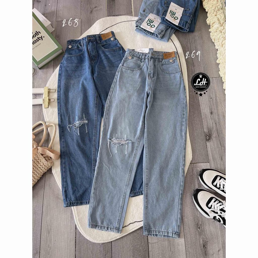Quần bò baggy màu xanh rách gối có bass lưng có tag siêu đọc lạ cho nàng Lê Huy fashion Ms 269