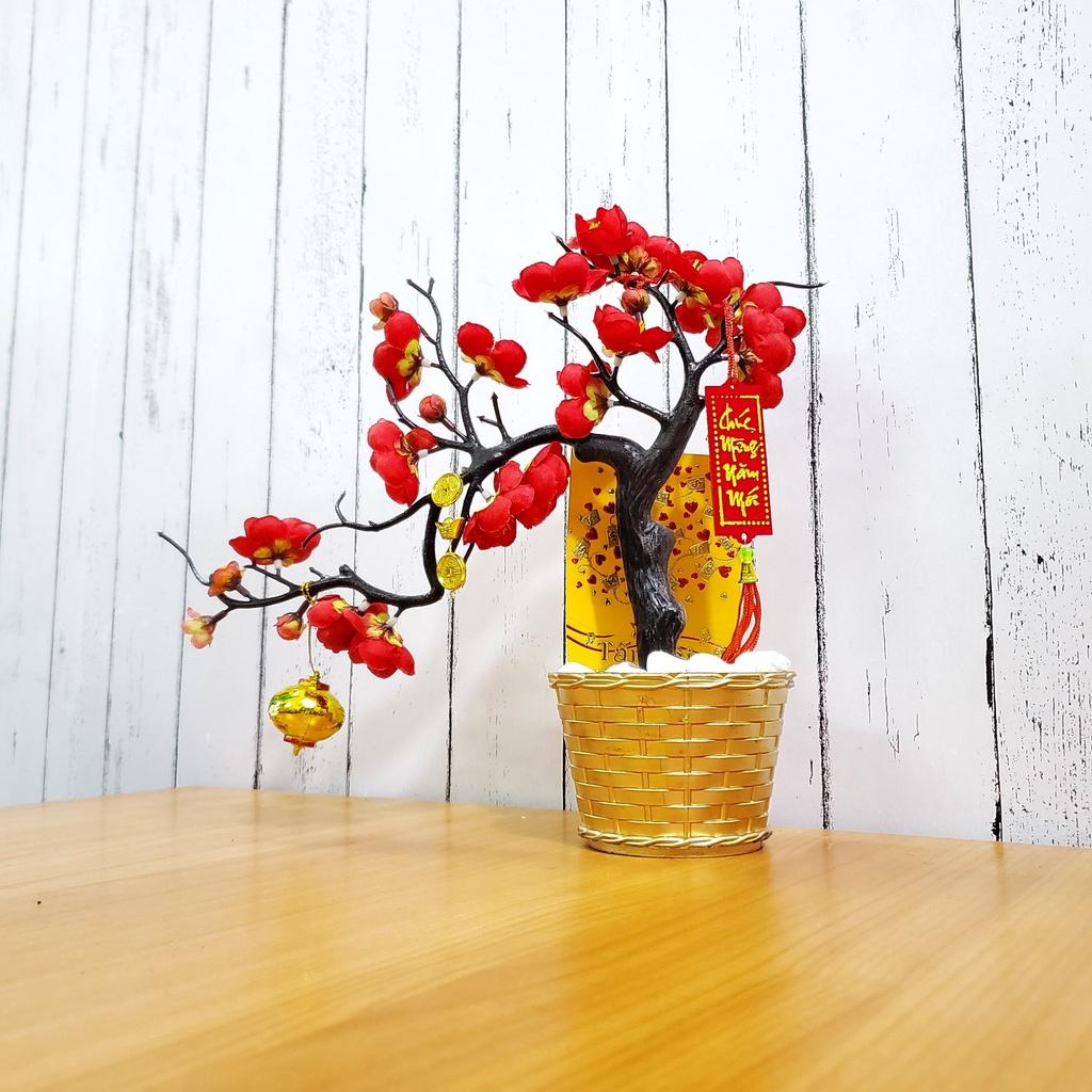 Chậu đào nhí giả dáng bon sai trang trí tết cao 25cm