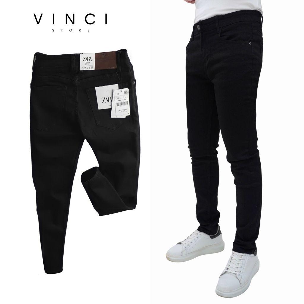 Quần Jean Nam Đen Trơn Skinny & Slim Fit Ống Côn Co Dãn Tôn Dáng