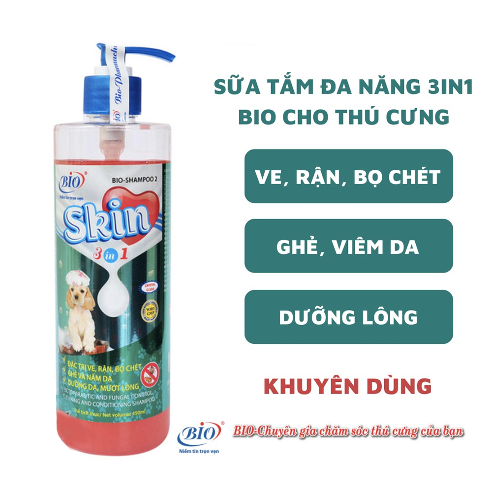 Sữa Tắm Đặc Trị Ve Rận Bọ Chét Ghẻ &amp; Nấm Da Dưỡng Da Mượt Lông Khử Mùi Hôi Cho Chó Mèo BIO SKIN 450ml - YonaPetshop