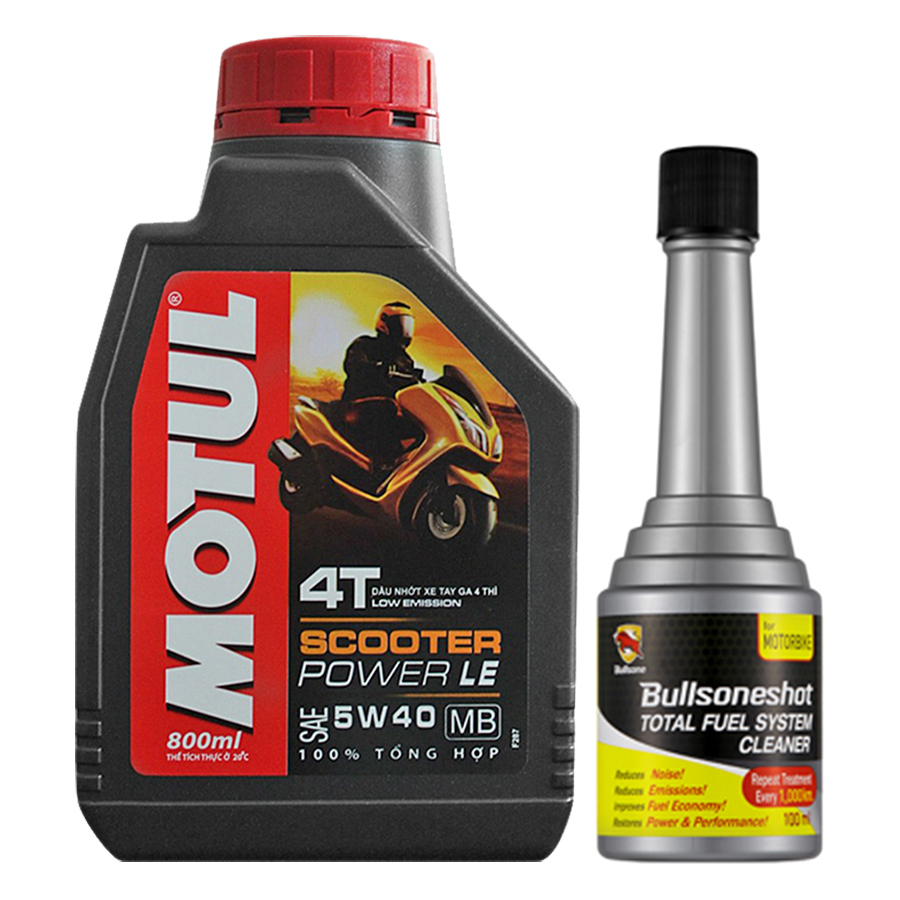 Combo Nhớt Motul Scooter Power Le 5W40 (800ml) Và Chai Phu Gia Xăng Bullsone Motorbike