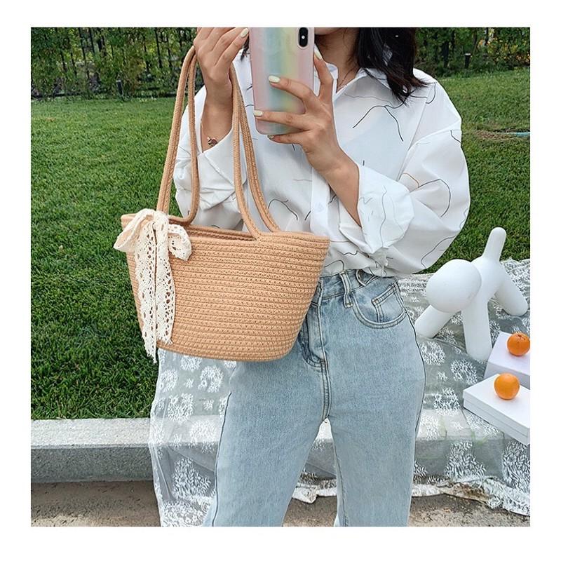 Túi Cói Sợi Dệt Nơ Ren Vintage