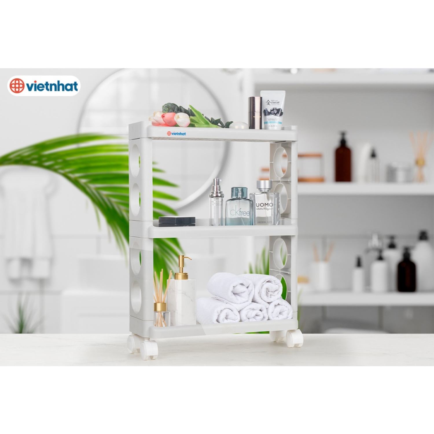 Kệ đa năng 3 tầng Việt Nhật (MS: 5580-3) có bánh xe tiện lợi – Kệ xe đẩy 3 tầng cao cấp -HÀNG VIỆT NAM