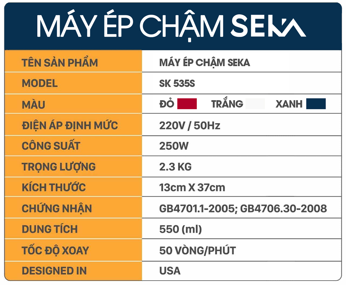 Máy Ép Chậm SEKA FOR YOUR HEALTH, Máy Ép Trái Cây Ép Kiệt Bã, Chạy Êm, Trang Bị Bộ Lọc Mịn - Hàng chính hãng