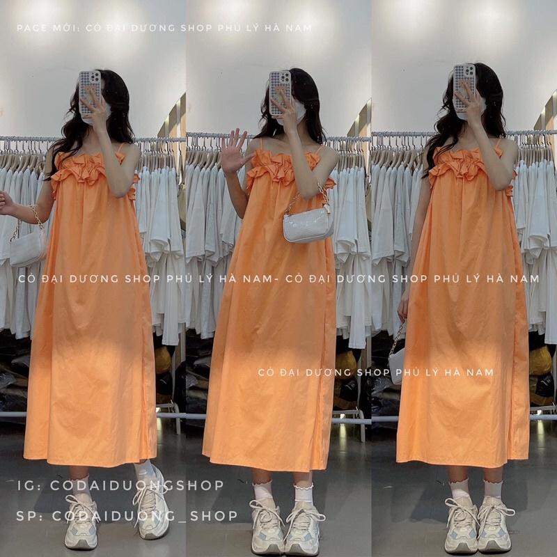 váy 2 dây bèo - cam,freesize dưới 55kg