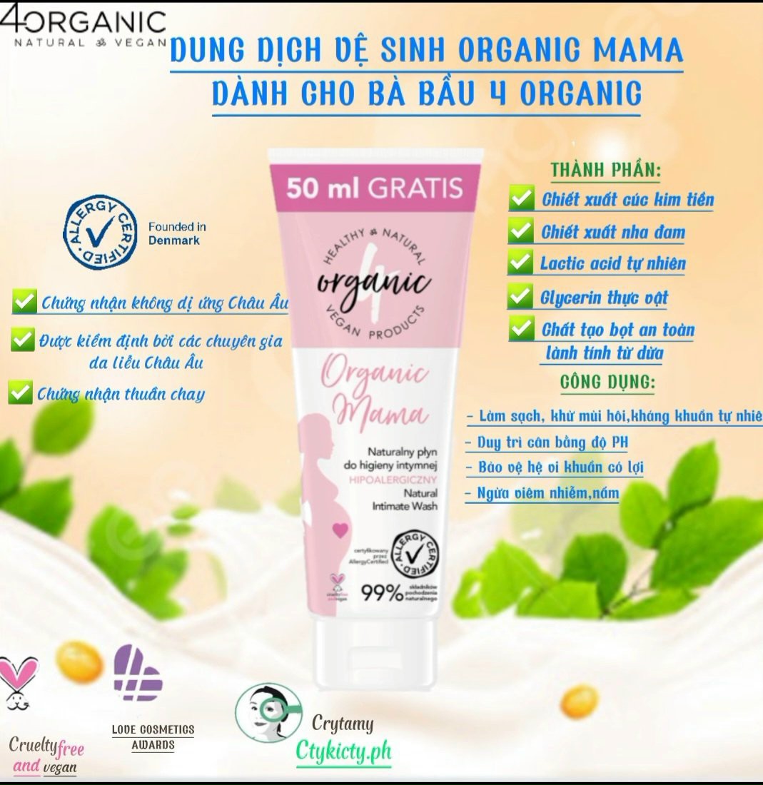 Dung dịch vệ sinh thuần chay 4Organic mama 250ml dùng cho mẹ bầu với công thức đặc biệt