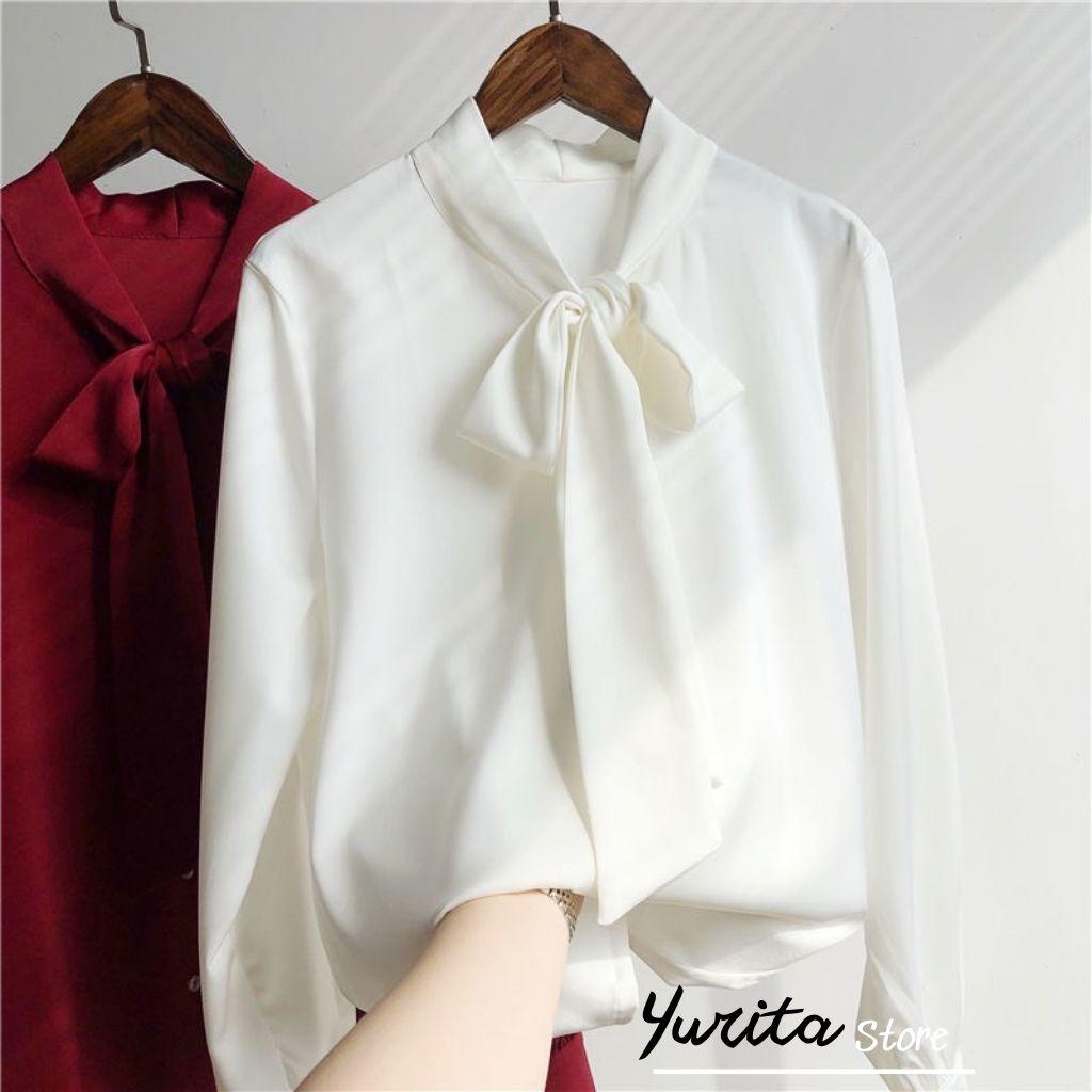 Áo Sơ Mi Nữ Kiểu Công Sở Đẹp YURITA Tay Dài Cổ Thắt Nơ Tay Chất Lụa Cao Cấp From Rộng Kiểu Dáng Hàn Quốc Ulzzang Vintage