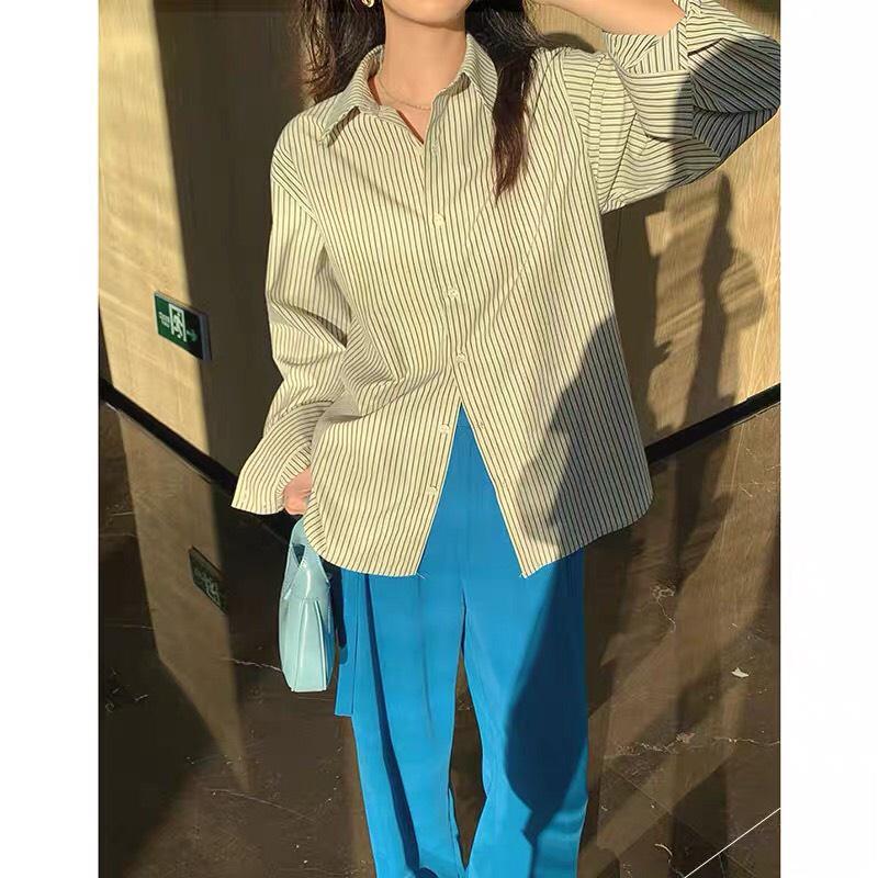 Áo sơ mi nữ form rộng dài tay kẻ sọc kiểu công sở vintage phong cách Hàn Quốc