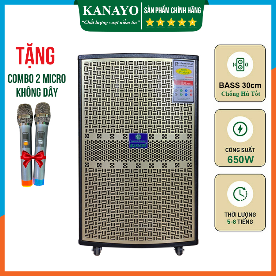 Loa Kéo Karaoke KANAYO K-TP306 Giá Rẻ Công Suất Lớn 650 watt | Loa Kẹo Kéo 3 Tấc | Hàng Chính Hãng | Tặng kèm 2 micro hát karaoke