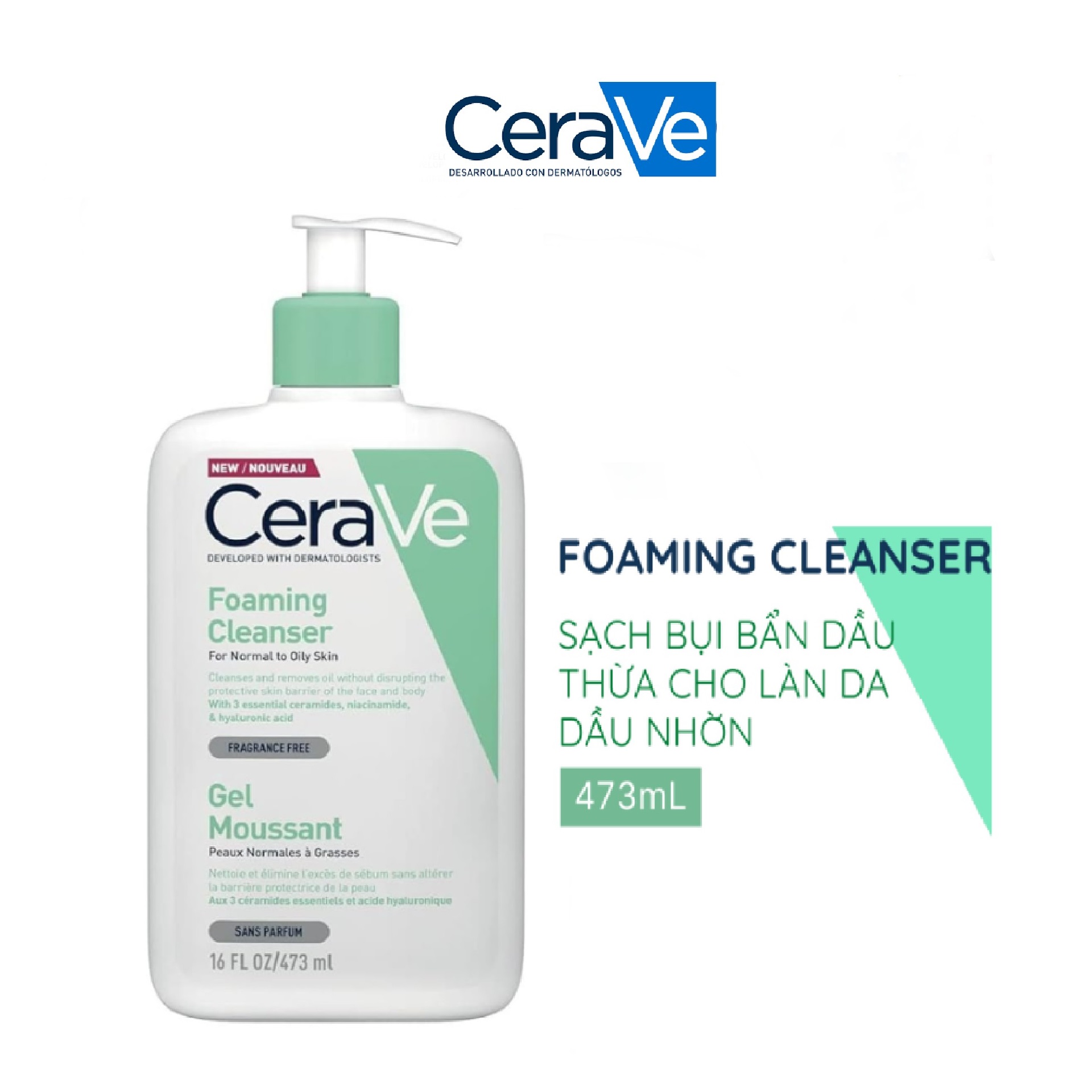 Sữa rửa mặt CeraVe dành cho da thường và da dầu CeraVe Foaming Facial Cleanser 473ml