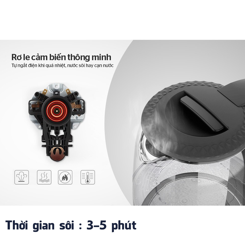 Ấm Điện Siêu Tốc Thủy Tinh Dung Tích 1.8 Lít Công Suất 1500W Thời Gian Sôi Siêu Nhanh