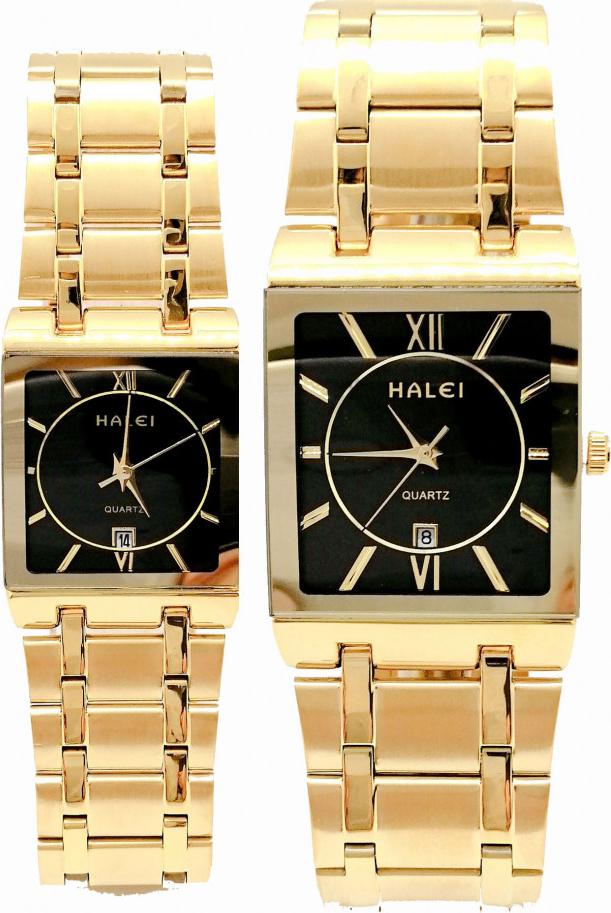 Cặp Đồng Hồ Nam Nữ Halei HL564 Dây vàng mặt vuông