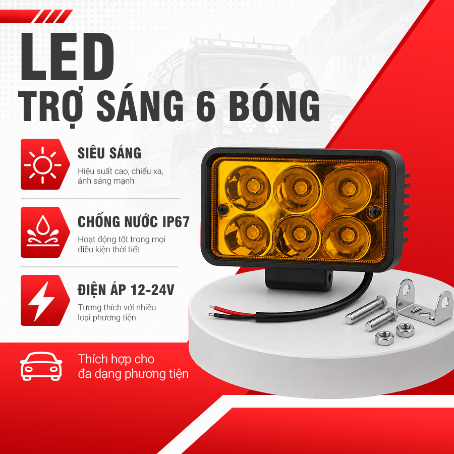 Đèn LED Trợ Sáng Bảng Chữ Nhật Viair 6 Bóng Vàng 12-30V (77x111mm)