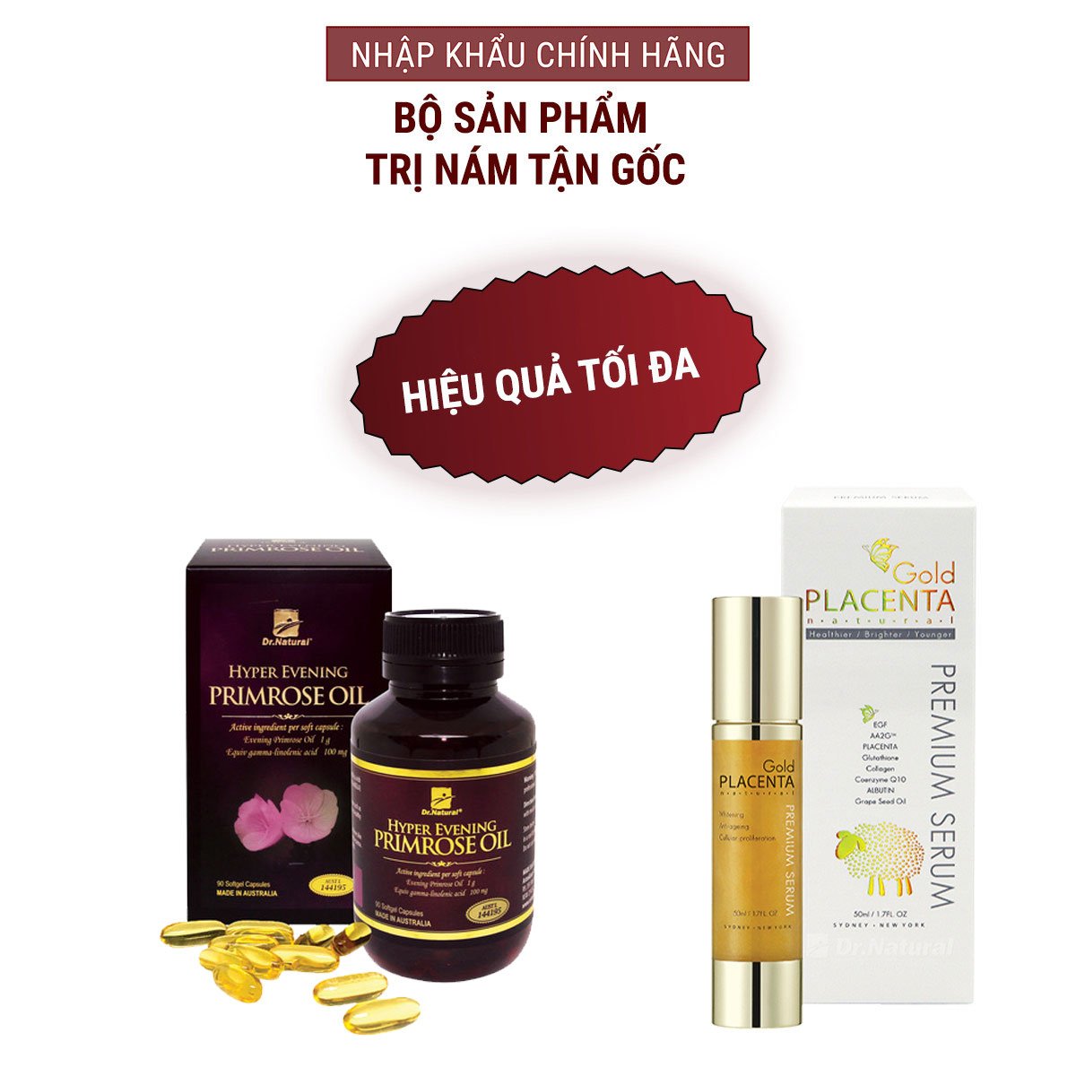 Bộ sản phẩm giúp đẹp da, giảm nám với cơ chế dưỡng da từ sâu bên trong gồm: viên uống bổ sung nội tiết tố nữ HYPER EVENING PRIMROSE OIL (180 viên) và SERUM VÀNG Nhau thai cừu Dr. Natural Astragrace Gold Placenta Premium (50 ml)