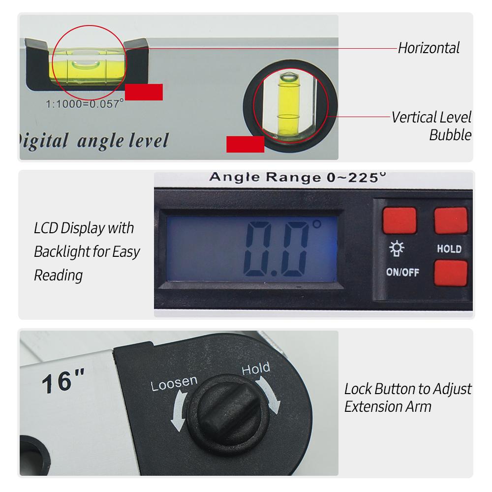 16-inch 225-degree Digital Angle Level LCD Electric Protractor with Horizontal Vertical Level Bubbles Aluminum Alloy Woodworking Angle Gauge