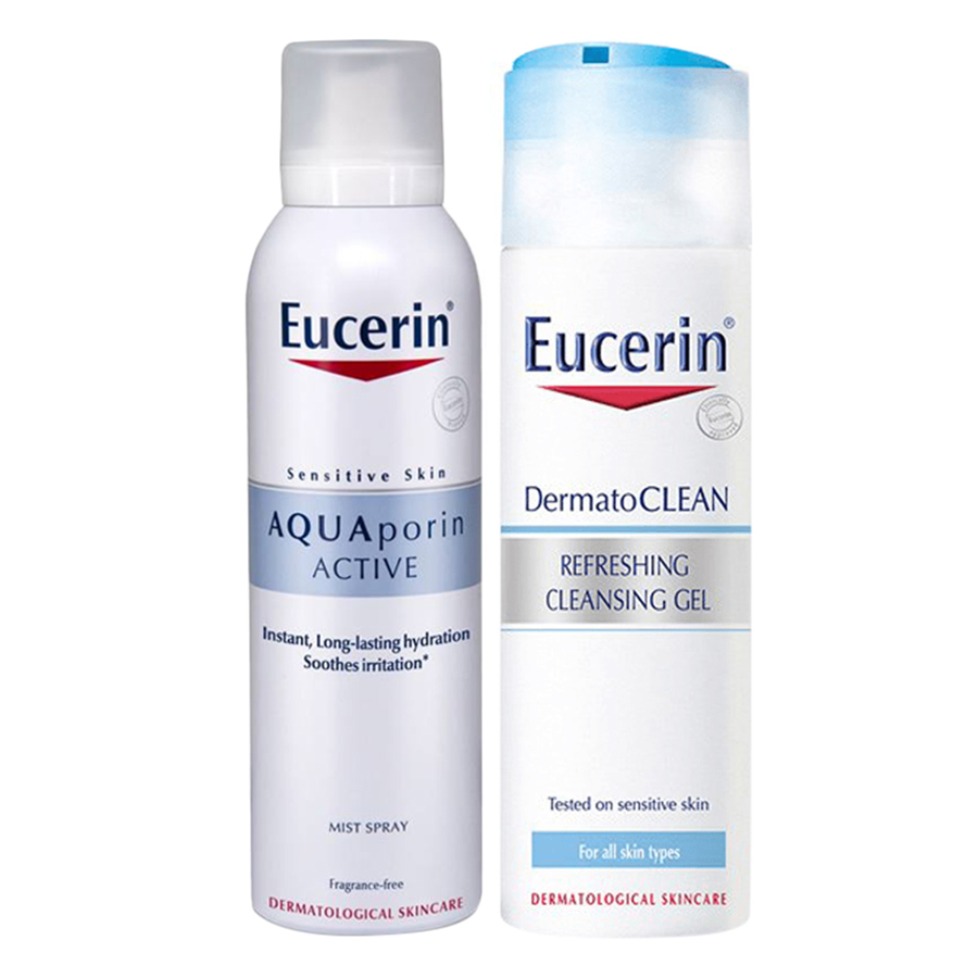 Bộ Gel Rửa Mặt Tươi Mát Eucerin Dermatoclean Refreshing Cleansing Gel (200ml) Và Xịt Khoáng Chống Lão Hóa Eucerin Aquaporin Active (150ml)