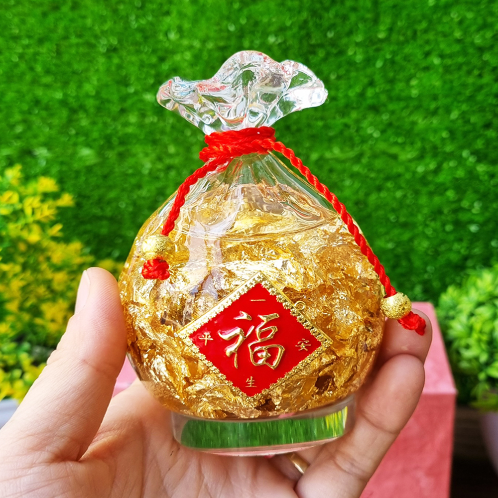 Túi vàng lá loại đế thủy tinh Thần Tài phong thủy
