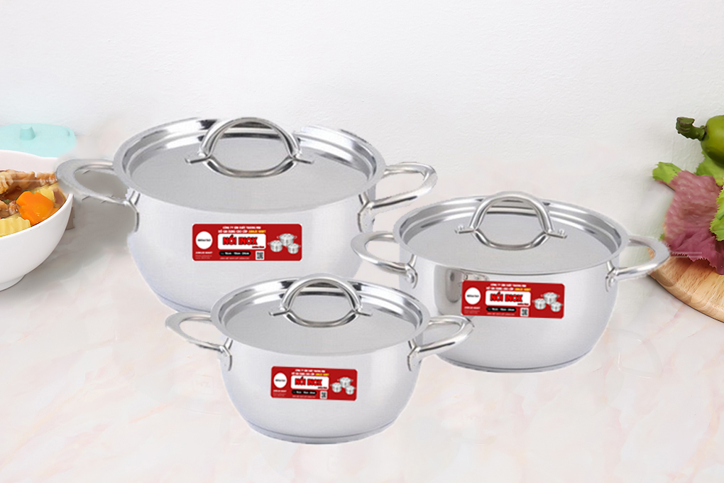 Bộ 3 Nồi Inox 430 Cao Cấp Jubilee Mart Dùng Được Bếp Từ Chất Liệu Không Gỉ Sáng Bóng Đáy Dày Dặn - Hàng Chính Hãng