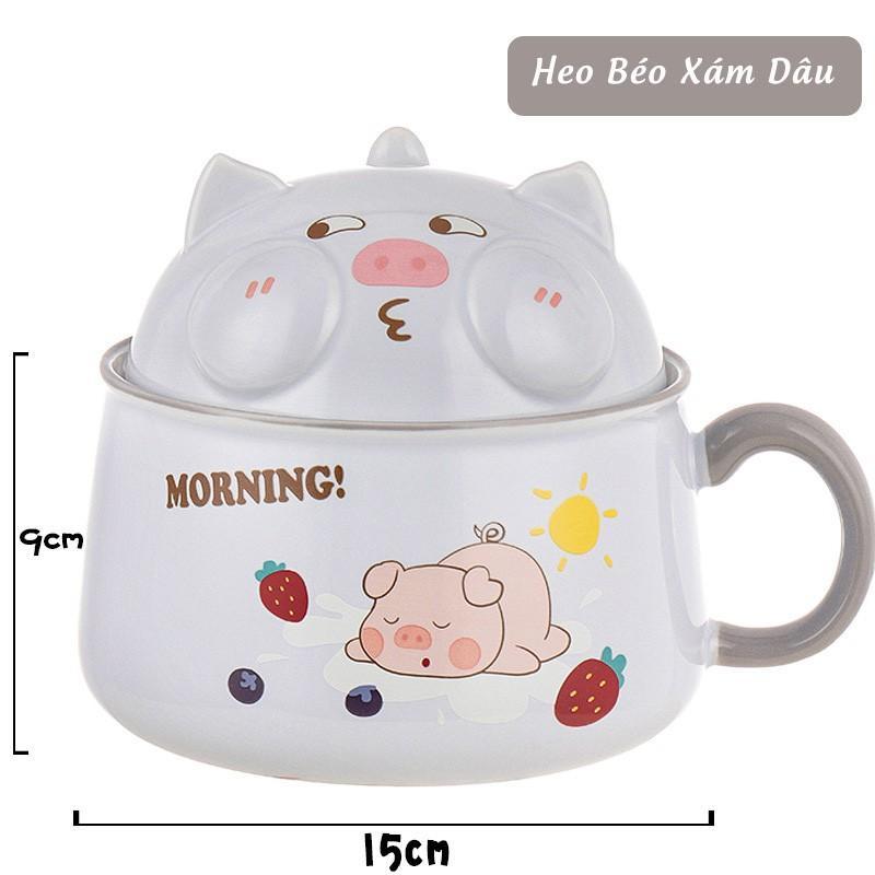 Bát Tô Sứ Có Nắp Hình Heo Béo Dung Tích Lớn 1020ml - Tô Ăn Mỳ, Phở, Cơm Văn Phòng Sinh Viên