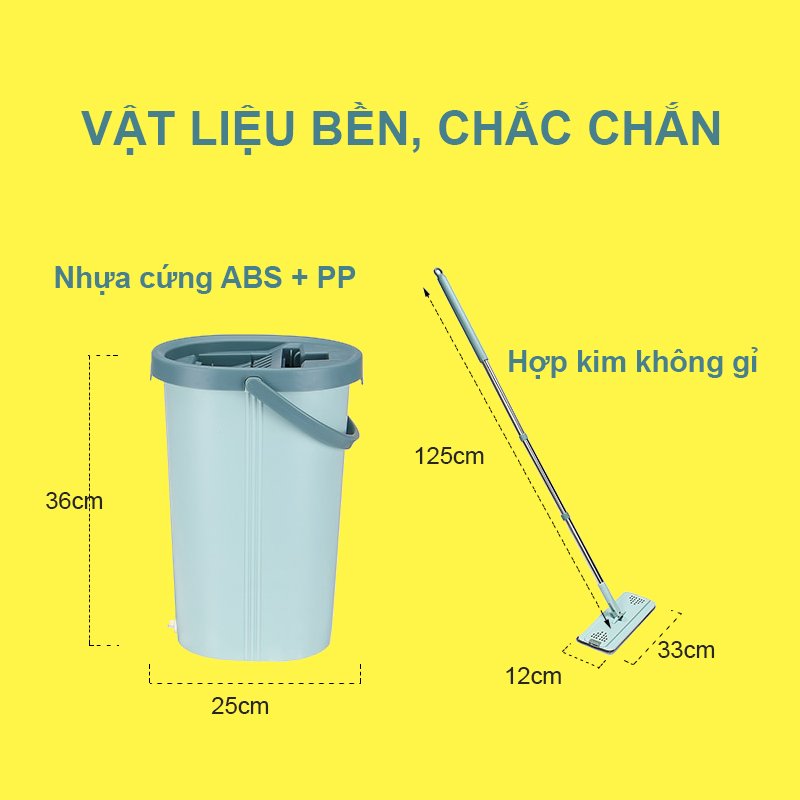 BỘ LAU NHÀ THÔNG MINH TỰ VẮT BLNEC hai ngăn vắt và giặt, xả nước tiện lợi ở đáy thùng, bông lau tĩnh điện MICRO FIBER 33cm có hai đầu móc chắc chắn, nắp thùng dễ tháo rời vệ sinh