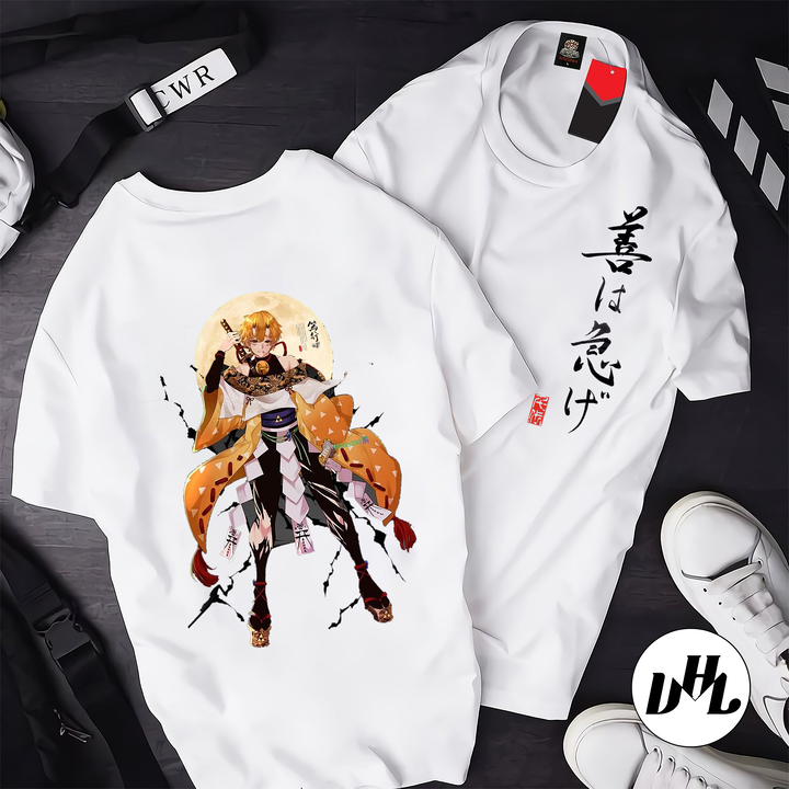 Áo thun trắng Anime, Manga Thanh gươm diệt quỷ Zenitsu 010, Unisex Nam Nữ có Size áo từ 25-95kg