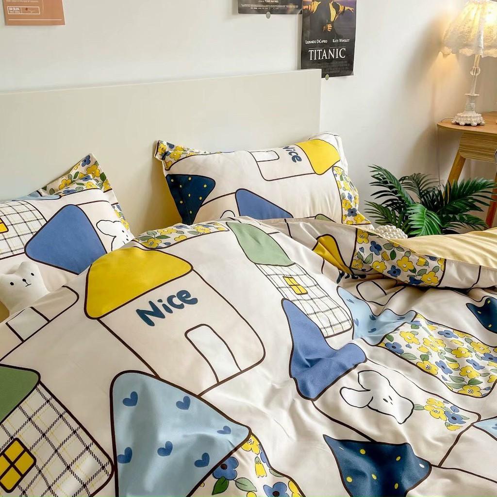 Bộ chăn ga gối Cotton Poly M2T bedding ngôi nhà nhỏ, vỏ chăn mền, drap giường và 2 vỏ gối