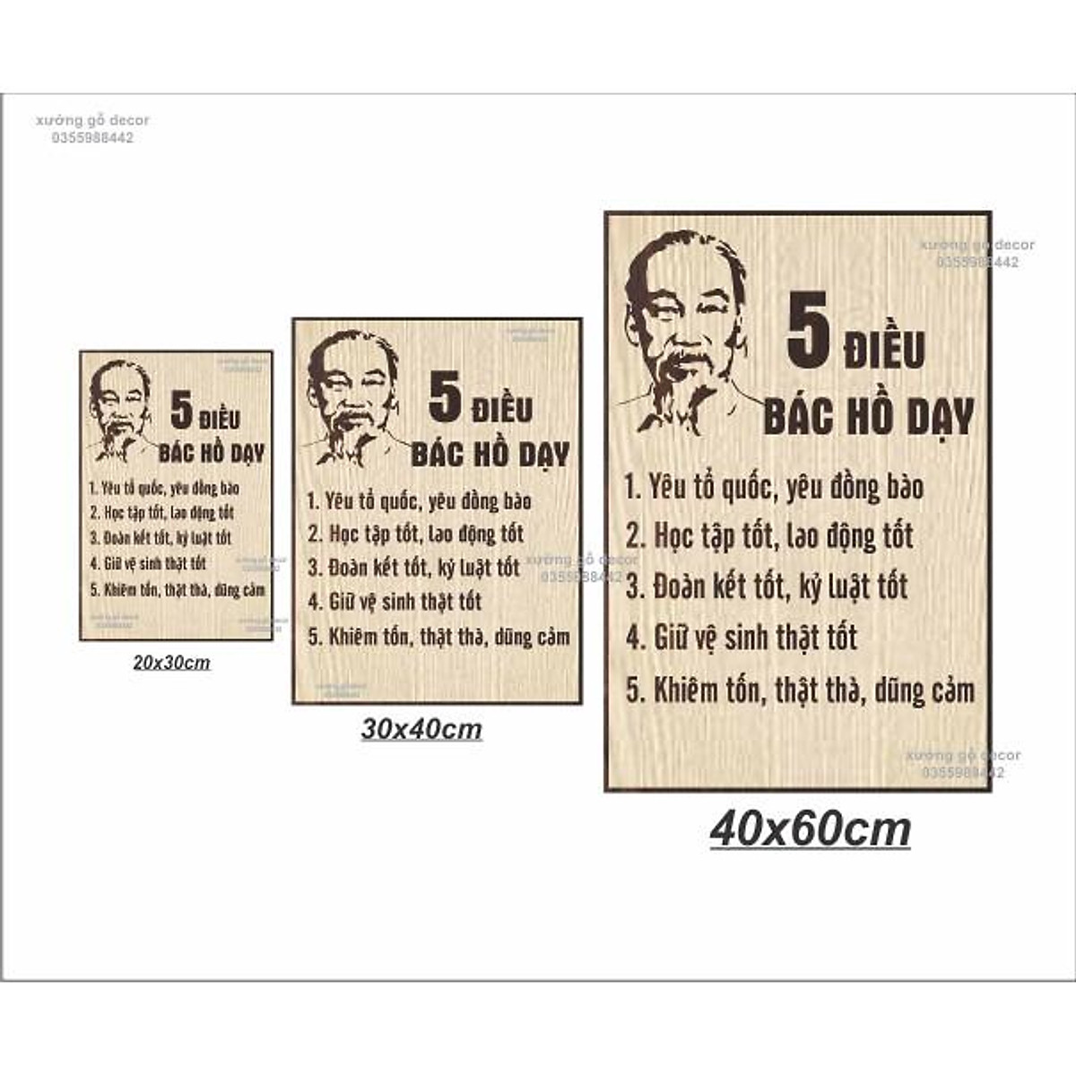 Tranh Bác Hồ- Tranh Treo Tường Bằng Gỗ 5 Điều Bác Dạy.