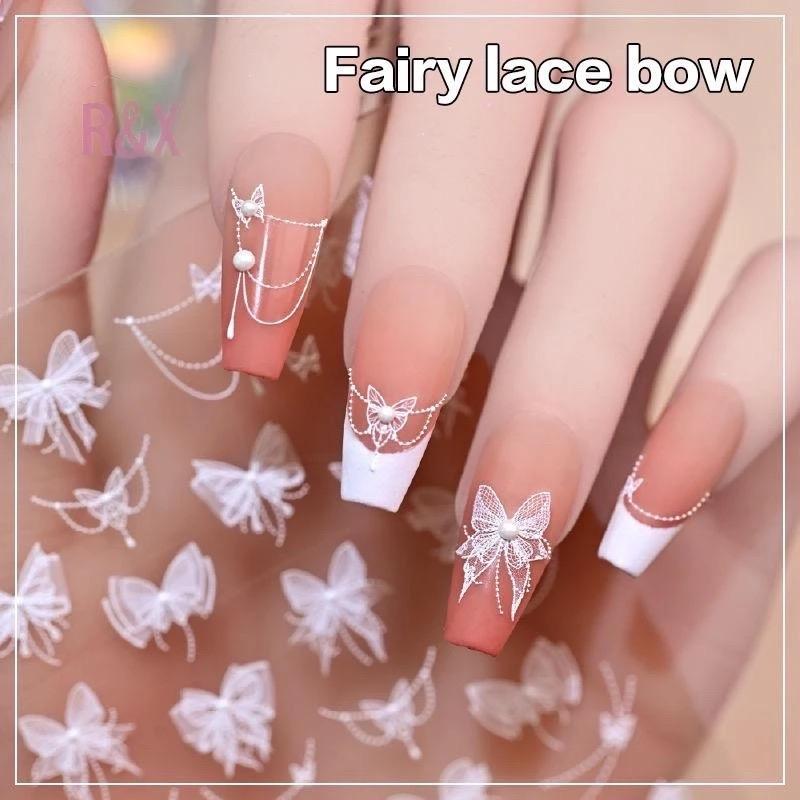 Sticker 5D Ren Nơ Đính Ngọc Hình Cánh Bướm CA6896 Nơ Ren Nổi Đính Đá Trắng Tinh Khôi