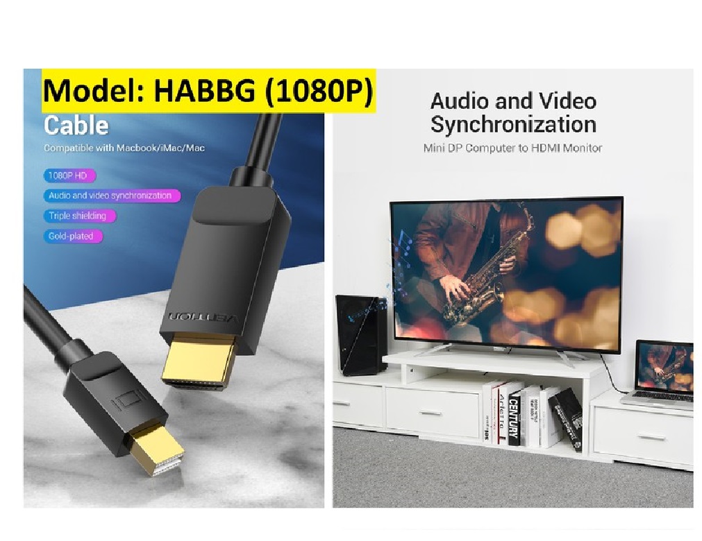 [Mini DP ra HDMI ]  Cáp chuyển tín hiệu Mini DP male ra HDMI male hỗ trợ 4K Vention HAHBG - Hàng chính hãng