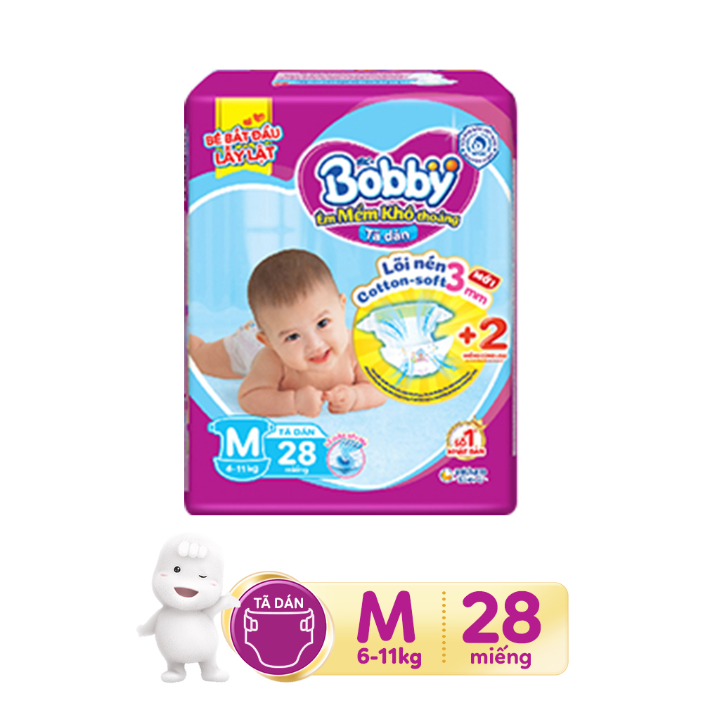 [Tặng kèm 2 miếng trong mỗi gói] Combo 4 Tã dán Bobby Siêu thấm M28 dành cho bé 6-11kg