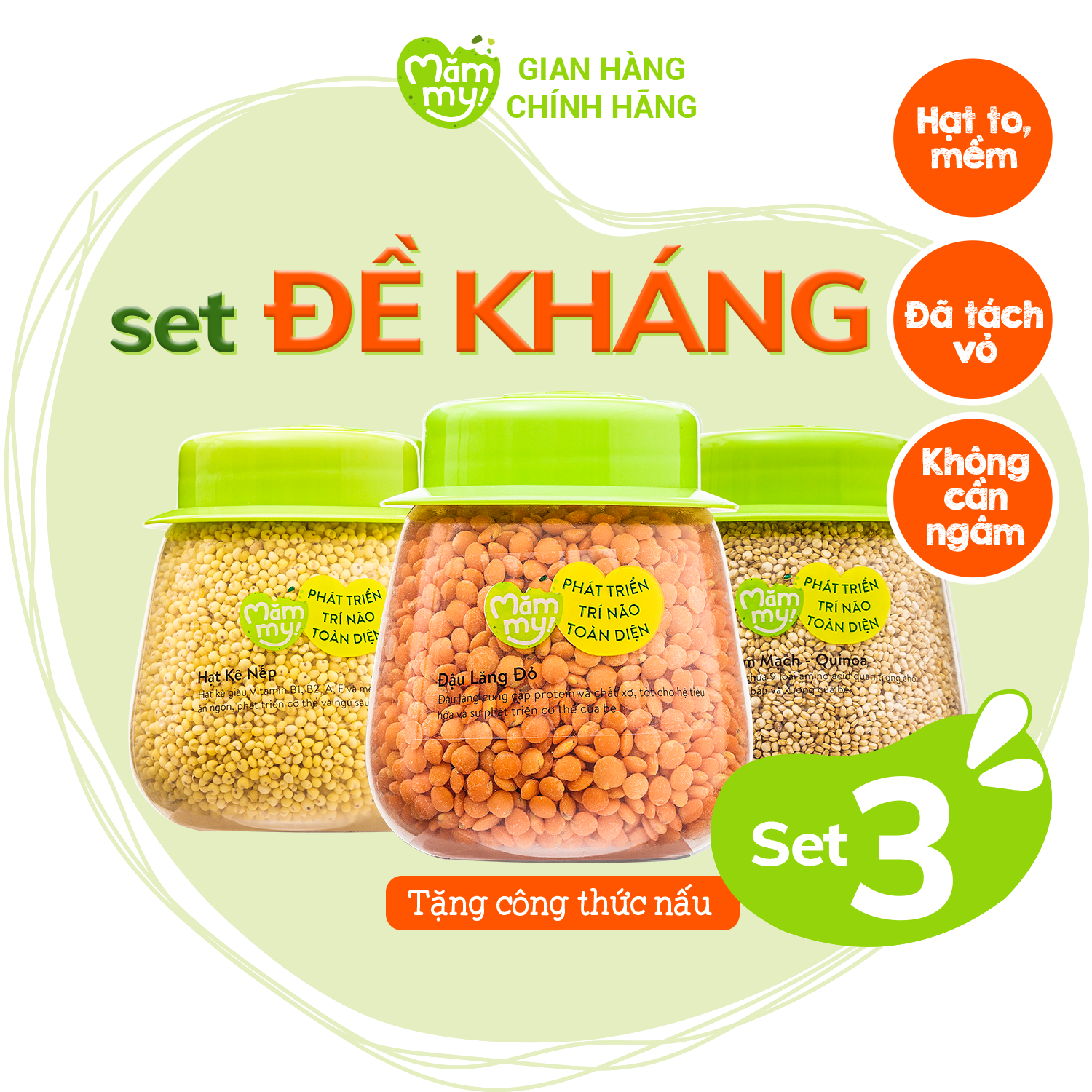 Set 3 hạt ăn dặm tăng đề kháng hữu cơ MĂMMY: Hạt Kê Nếp, Đậu Lăng Đỏ, Hạt Diêm Mạch Quinoa