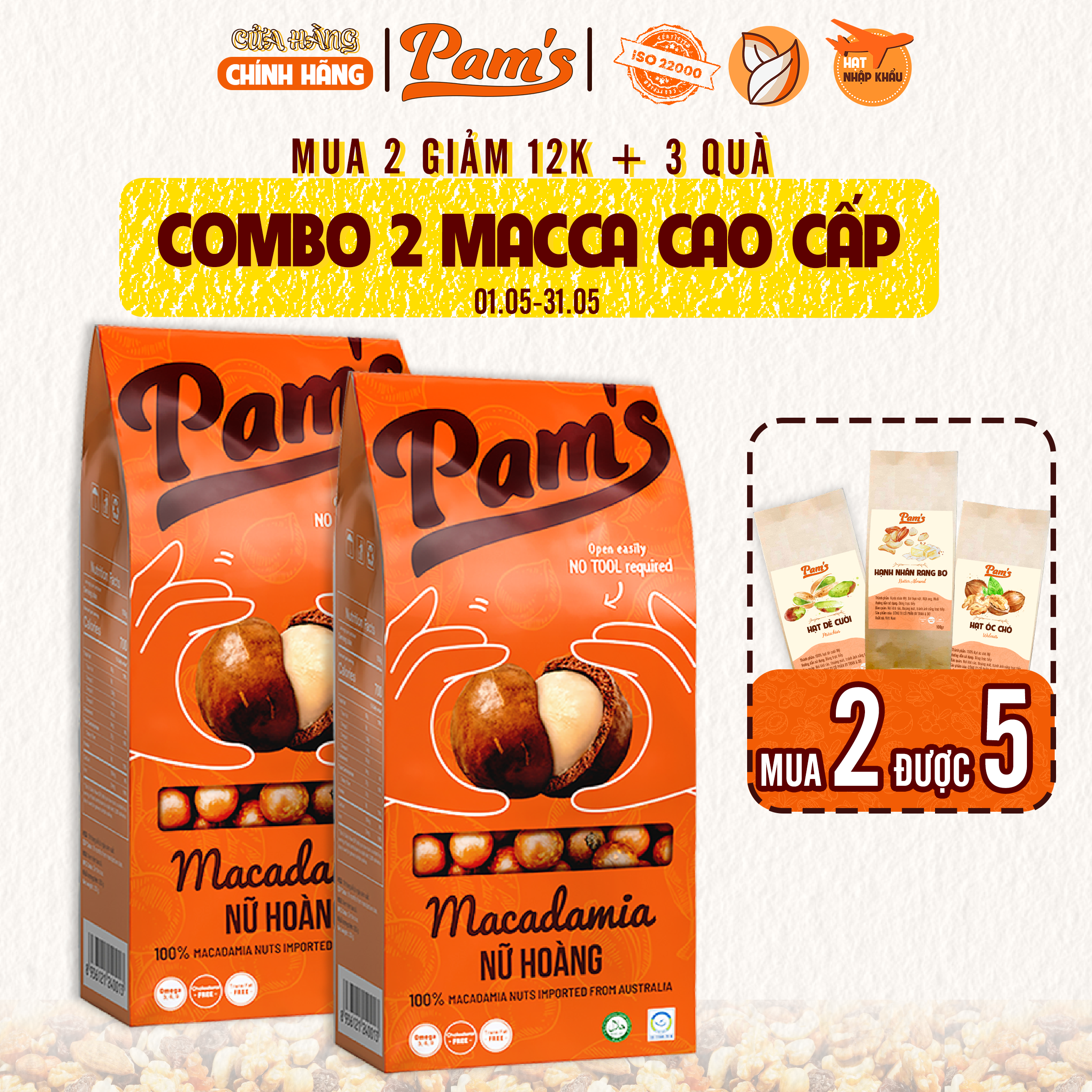 COMBO 2 Maccadamia Nữ Hoàng Nhập Khẩu Úc Pam's(250g) - Tách Tay, Sấy Chín Thơm Ngon