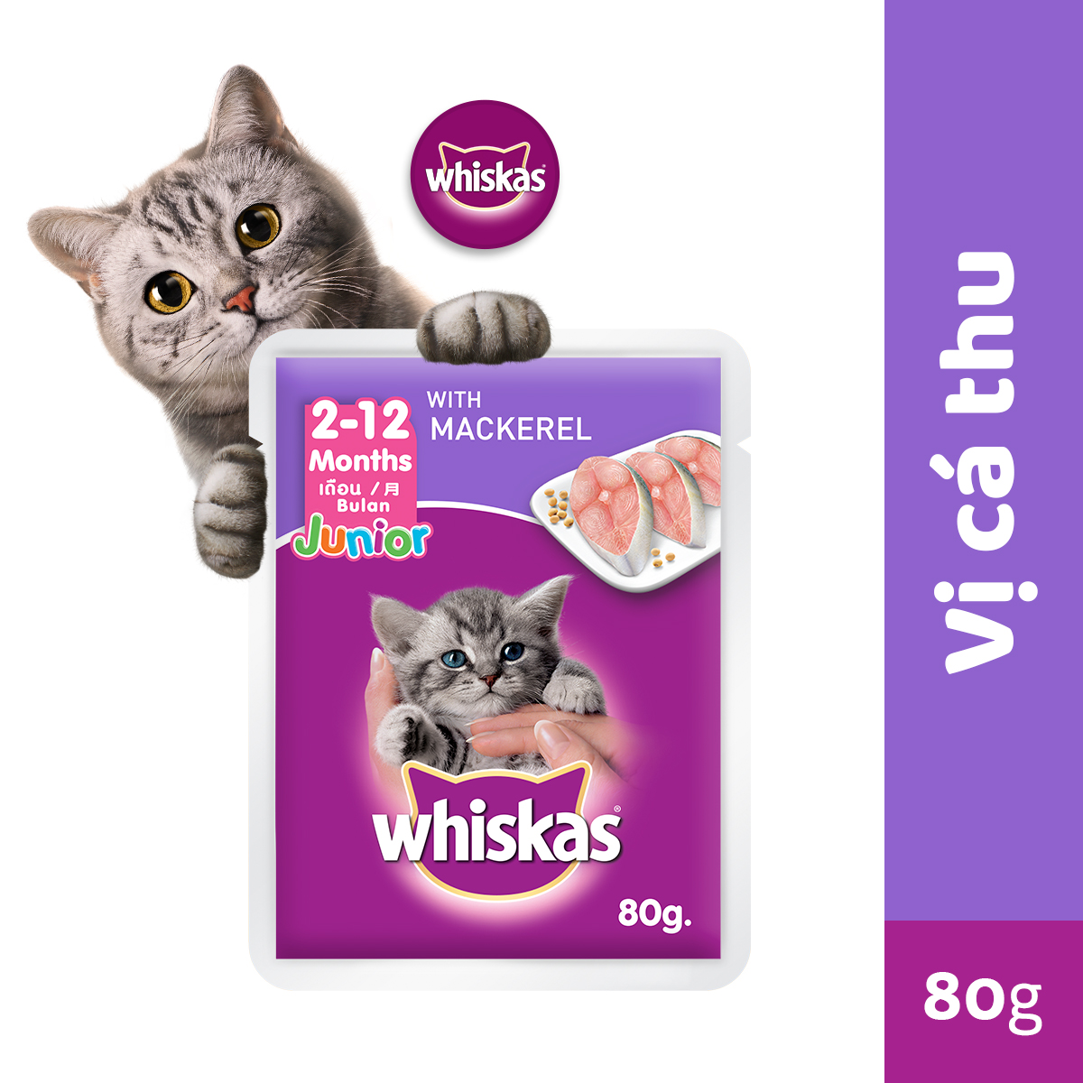 Bộ 12 túi thức ăn mèo con Whiskas vị cá thu túi 80g/túi