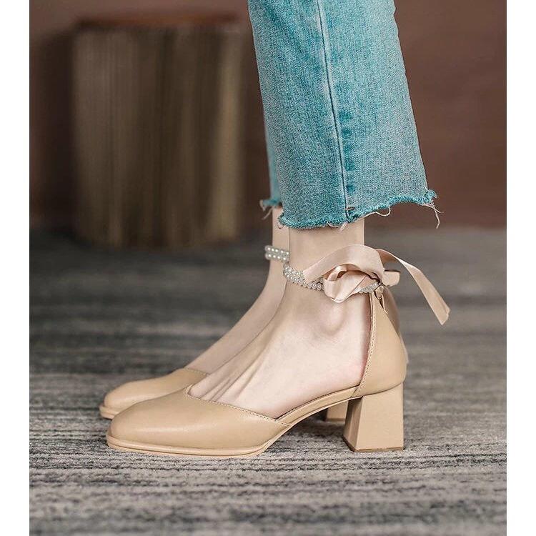 Giày búp bê quai dây ngọc phối ruy băng cực nữ tính G011