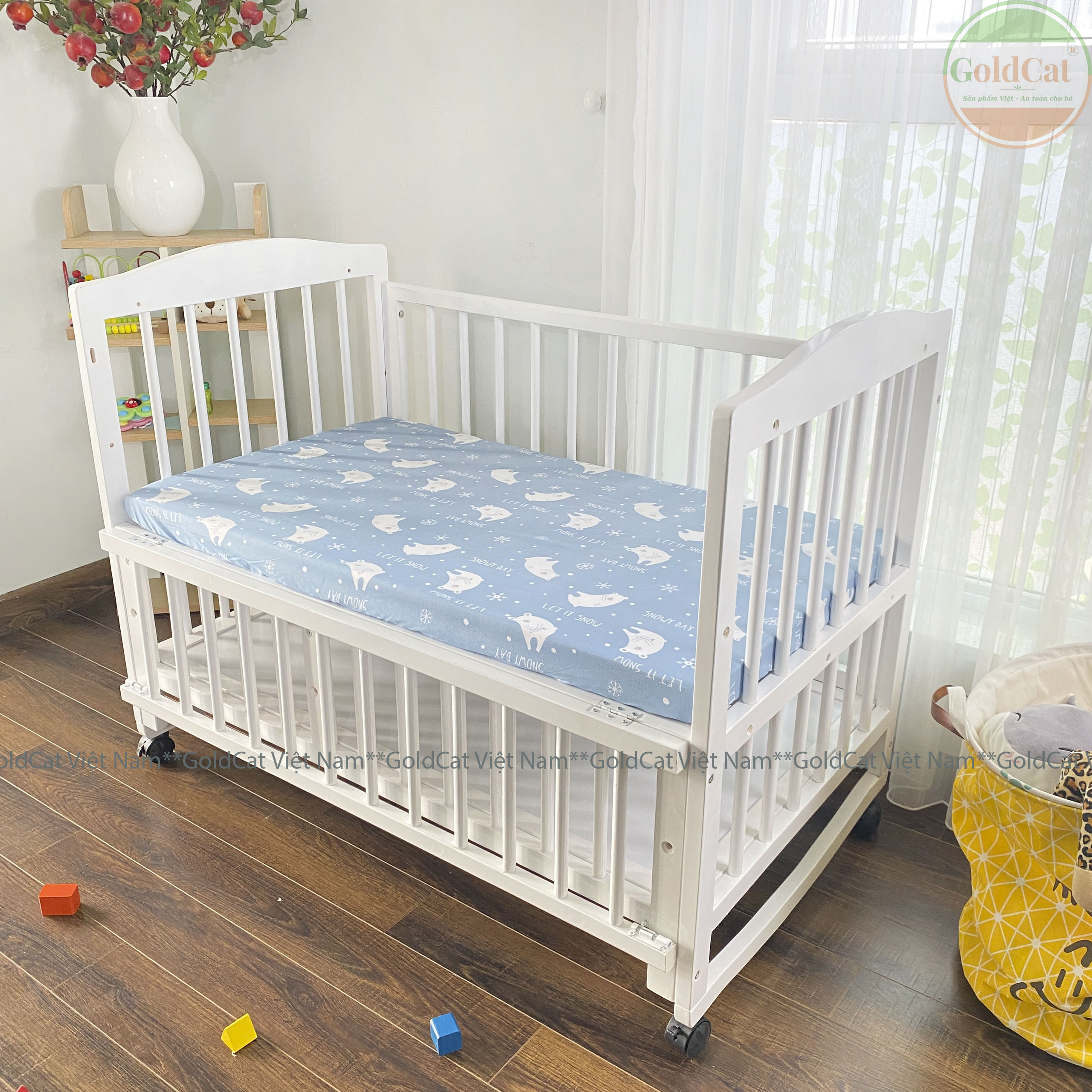 Ga Chun Bọc Đệm Cũi GOLDCAT Cắt Theo Kích Thước Yêu Cầu, Thiết Kế Bo Chun, Chất Liệu Cotton, An Toàn Cho Bé