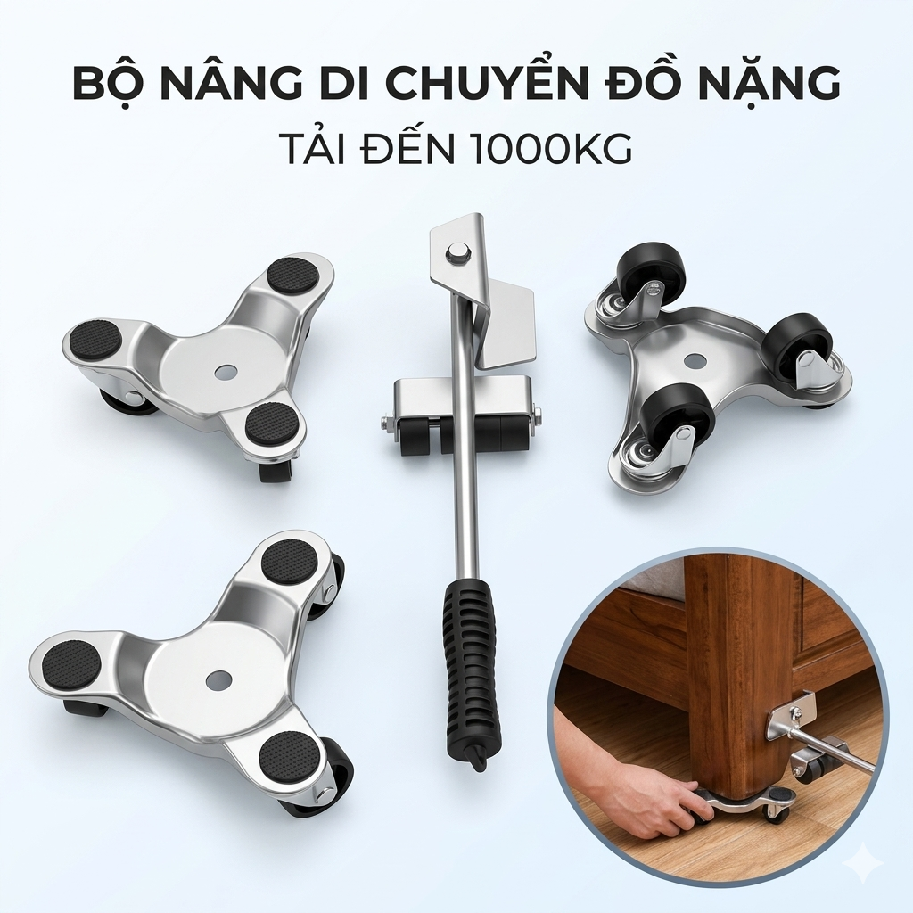 Bộ kích nâng và bánh xe di chuyển đồ nặng thông minh 360 độ - Tải đến 1000kg, thép siêu cứng, hỗ trợ dọn nhà đa năng