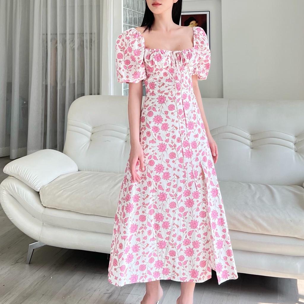 KIOBI – Đầm Chloris form midi ôm cúp ngực, tay phồng ngắn cổ điển, tùng xẻ, lưng thun, vải cotton hoa hồng - KID224169HH