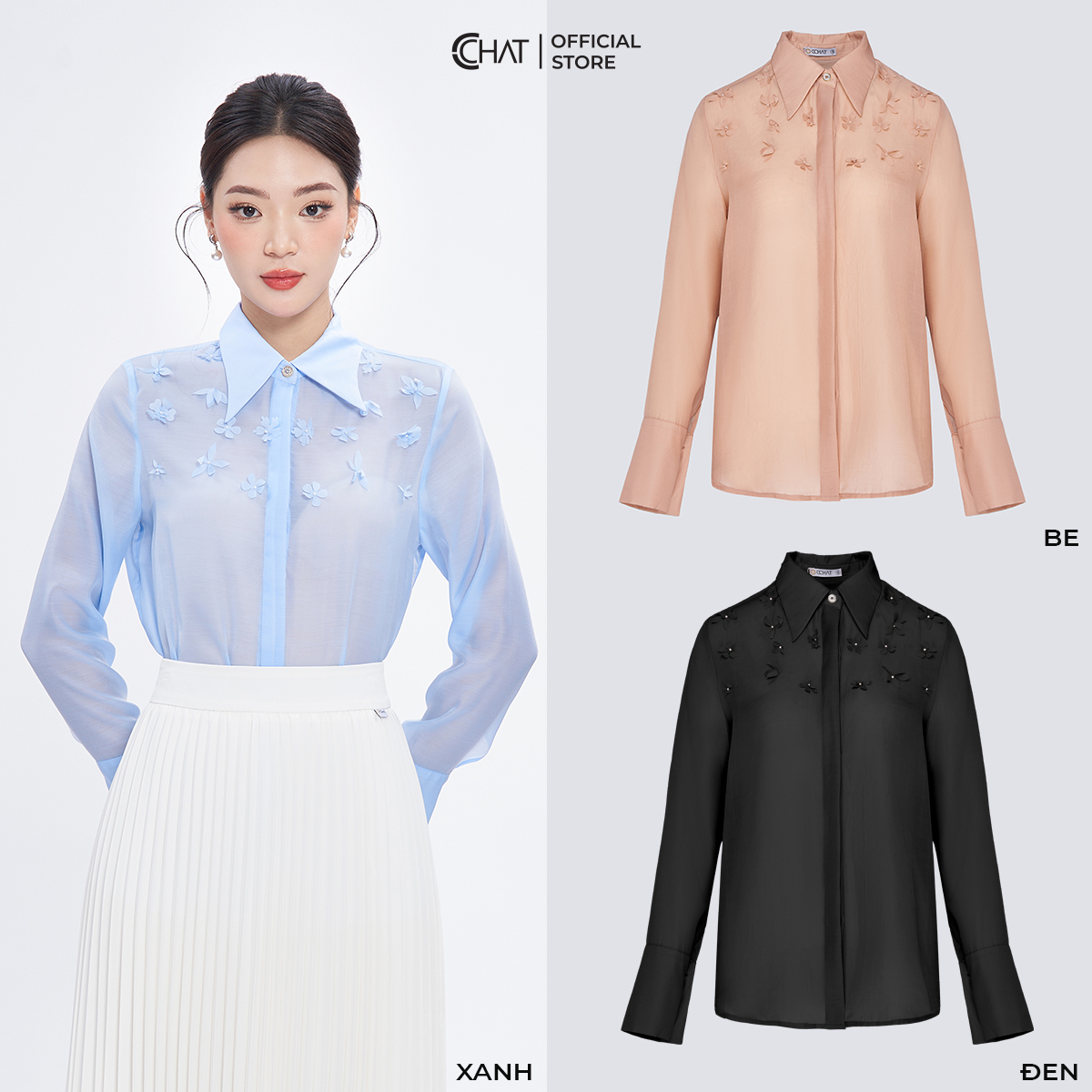 Áo Sơ Mi Nữ  Kiểu Cổ Đức Đính Hoa Trang Trí Chất Voan Cao Cấp 53FDV9001ST