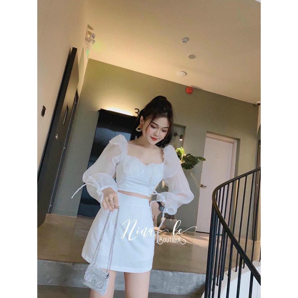 Sét Đồ Bộ Nữ Đũi Nhăn Áo Tay Phối Voan Tơ & Chân Váy