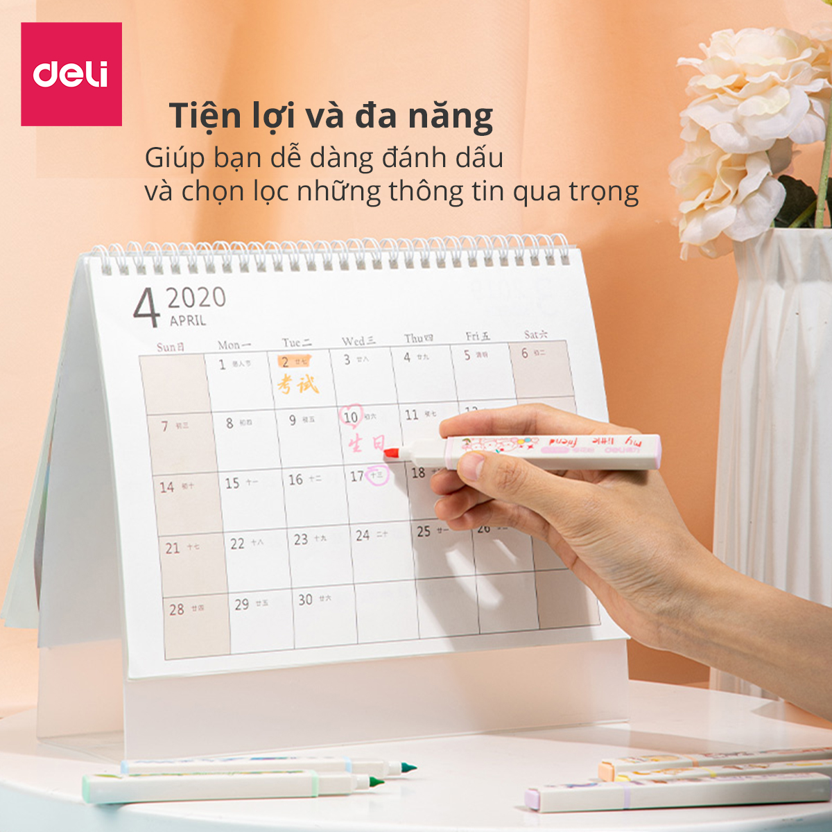 Bút highlight dạ quang nhấn dòng kèm sticker Deli - Hộp 6 chiếc - S743